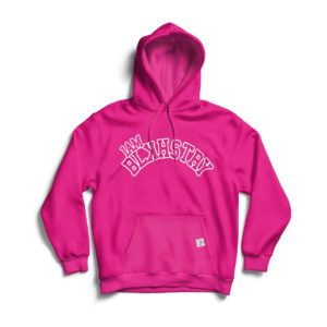 Pink I am black history hoodie with white letters laid on white background