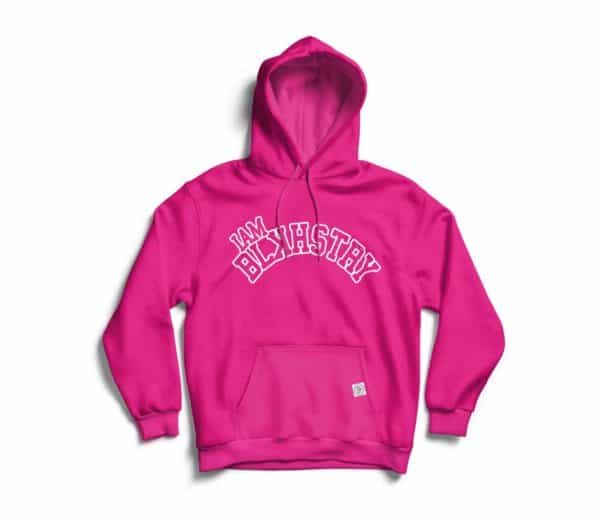 Pink I am black history hoodie with white letters laid on white background