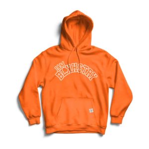 Orange I am black history hoodie with white letters laid on white back ground